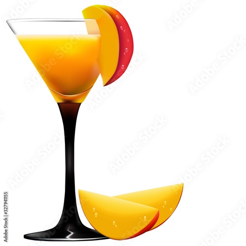 Alcoholic cocktail with mango in a glass on a white background.