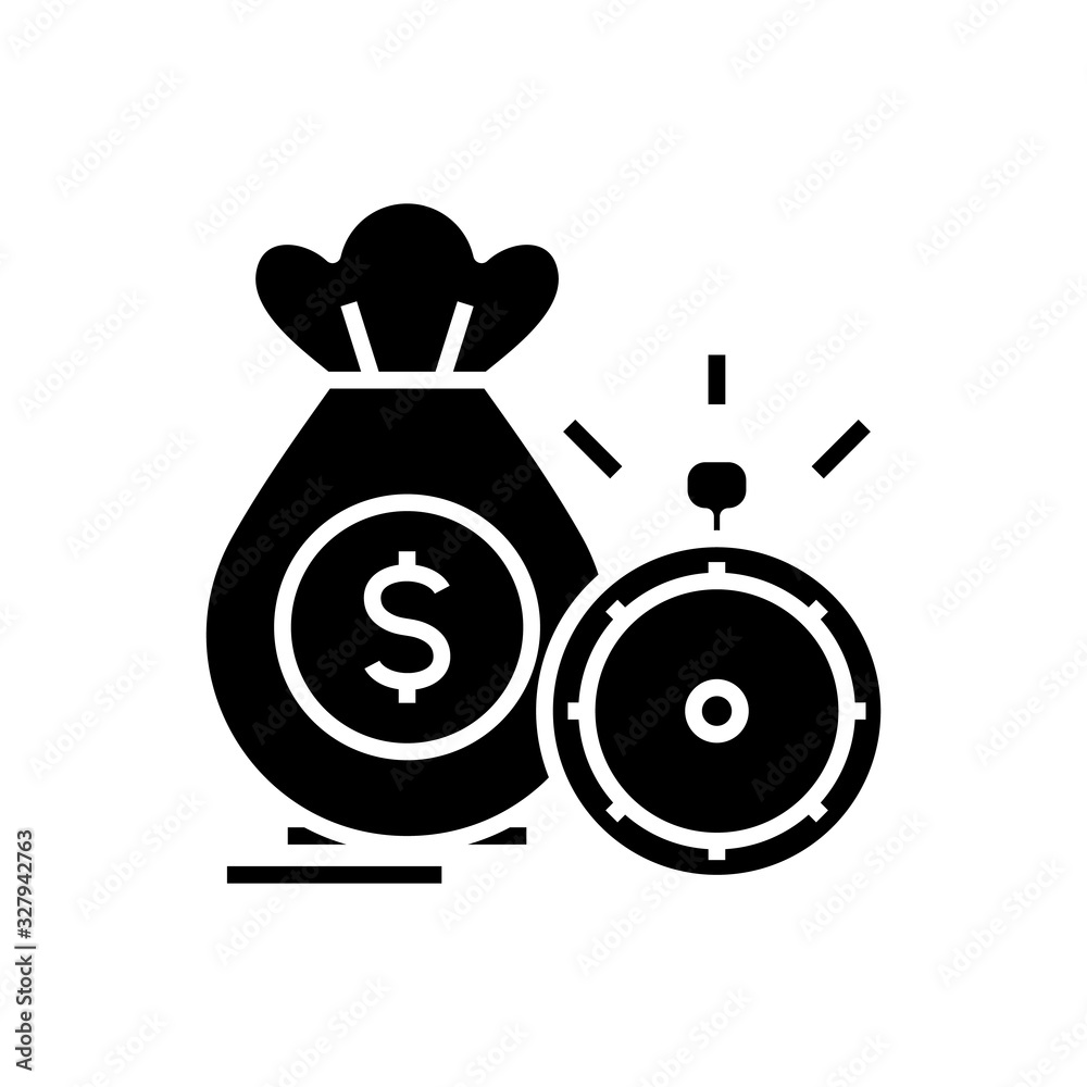 Money and time black icon, concept illustration, vector flat symbol, glyph sign.