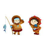 vector icon of eskimo family in national clothes merry chukchi funny wife in warm winter fluffy clothes with fishing rod and fish, shaman in love isolated on white, indian children, mongolian family