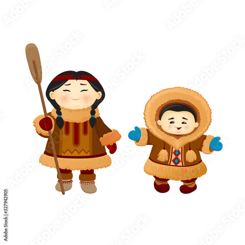 Eskimos in national clothes funny Chukchi cute girl in warm winter fluffy clothes with a paddle from a boat, her little brother isolated on white background eps 10 Indians children, Mongolian family