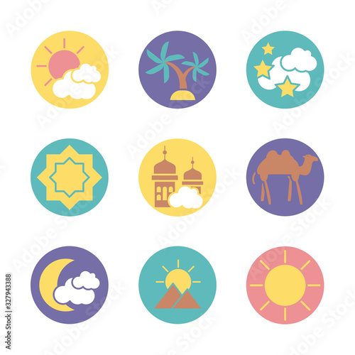 mountains and sun and ramadan icons set, block style