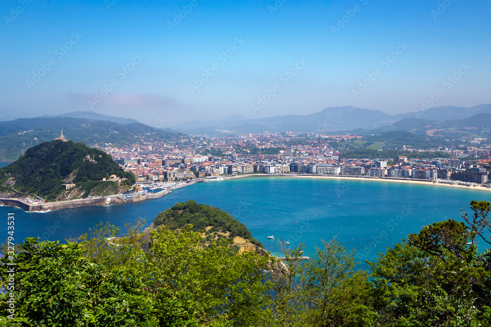 View from mount Igueldo to mount Urgull and Santa Clara Island of the Bay of Biscay, San Sebastian, Donostia, Spain