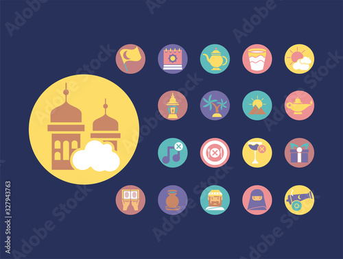 islamic mosque and ramdan icons set, block style