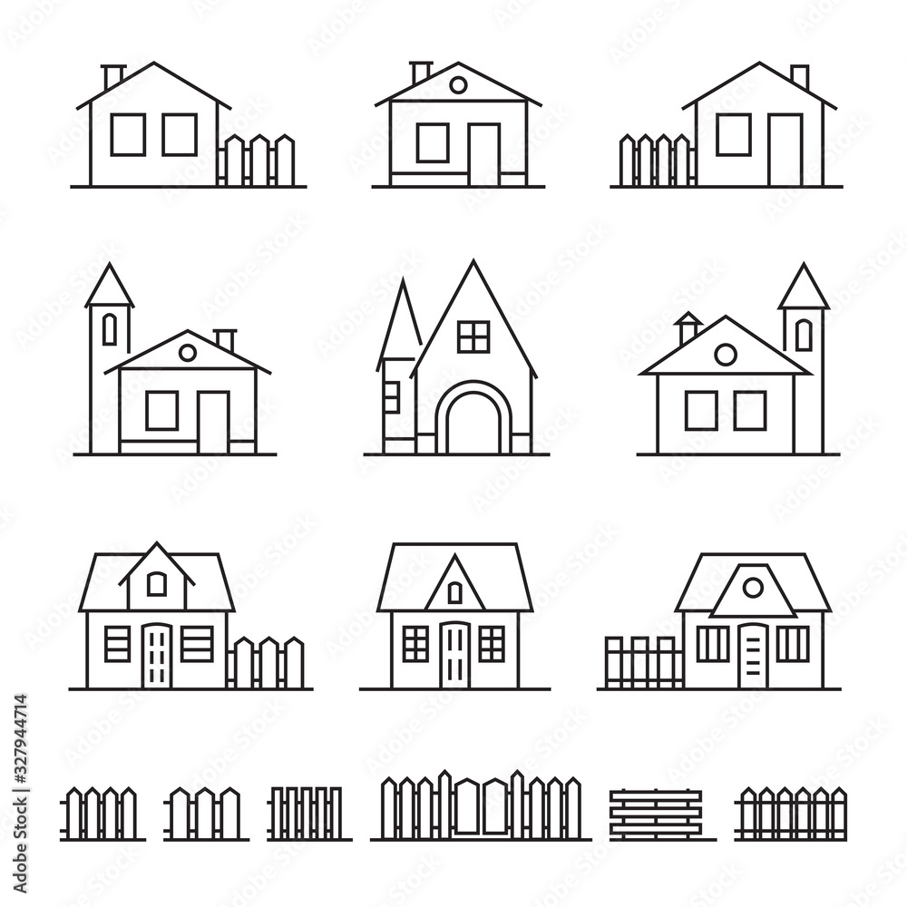 Houses and fences flat line icons set. Outline symbols of abstract residential buildings. Real estate pictograms. Vector eps8 illustration.