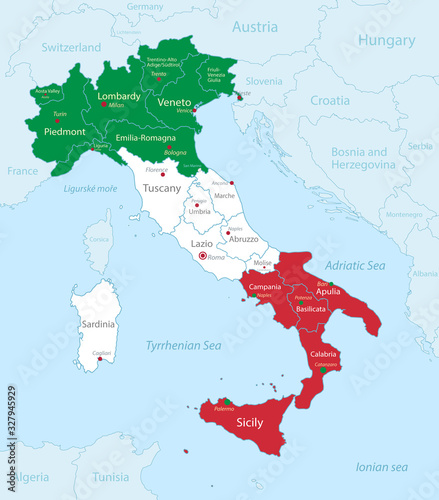 Italy map in flag colors with neighboring states, administrative division and names with cities, blue background vector