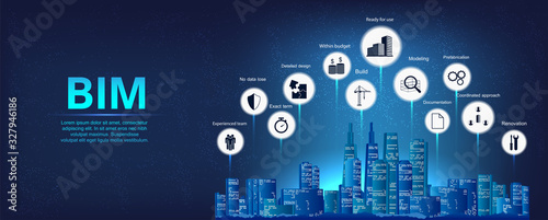 Building Information Modeling vector illustration. BIM concept infographic, with icons and keywords. Building plan, modeling, development, structure plan, supporting software and other. Vector banner