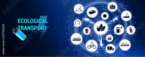 E-mobility web page banner, with icons and keywords. Ecological city and public transport. Worldwide individual transportation (e-car, e-bike, electric trains, trams, trolleybuses and other). Vector
