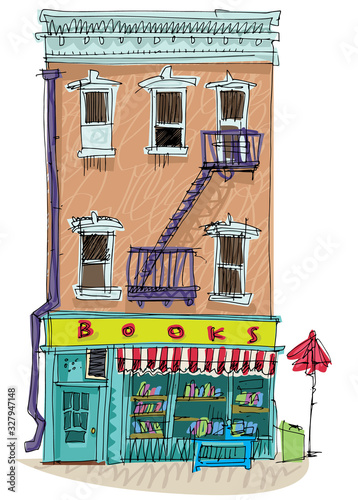 Bookshop building facade. A row of books in the window. Vector illustration. Hand drawn illustration. Cartoon. Caricature