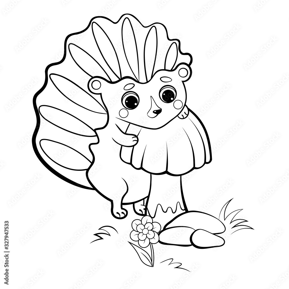 Coloring page outline of cute cartoon hedgehog with an mushroom. Vector image isolated on white background. Coloring book of forest wild animals for kids Coloring page outline of cute cartoon hedgehog with an mushroom. Vector image isolated on white background. Coloring book of forest wild animals for kids
