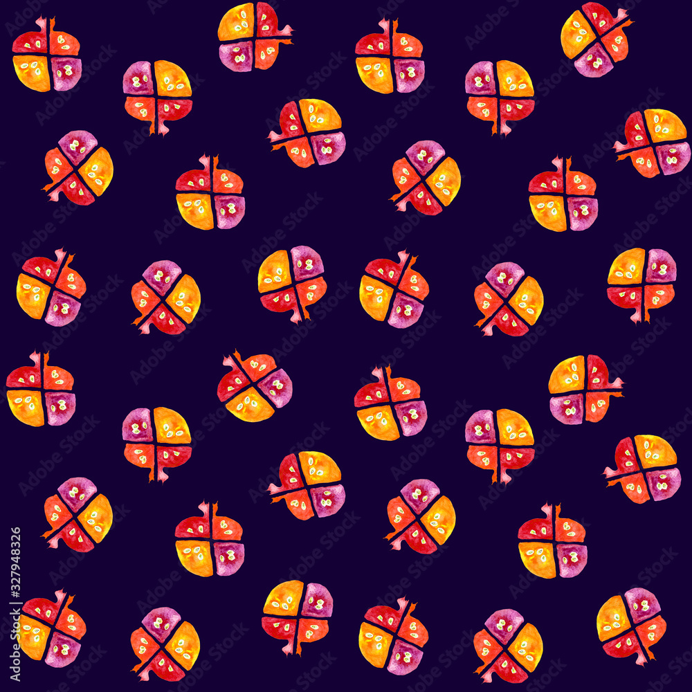 Obraz premium Garnet seamless pattern with dark background, watercolor textured garnets for textile or paper prints, bright seamless pattern design, home textile pattern