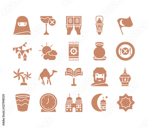 islamic flag and ramadan icon set, silhouette style