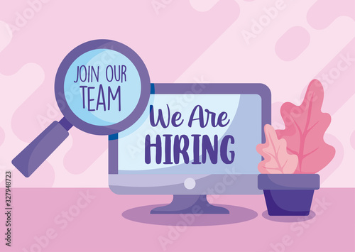 We are hiring message with computer and lupe vector design