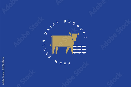 Golden silhouette of a cow on isolated background. Emblem of a fresh produce farm. Design elements for menu restaurants, butcher shops, and markets. Vector logo illustration on blue background.
