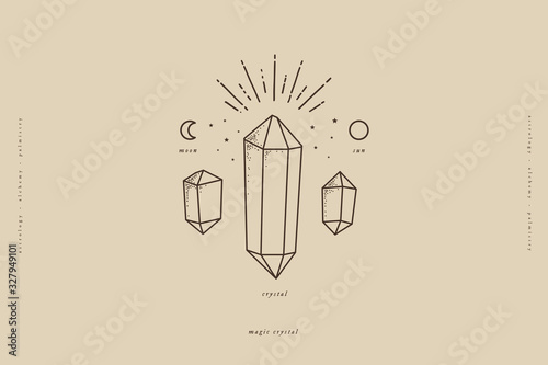 Shining crystals, precious mineral stones in a trendy linear style. Magical vector illustration of stone quartz for the design of packaging for handmade products, jewelry, cosmetics.