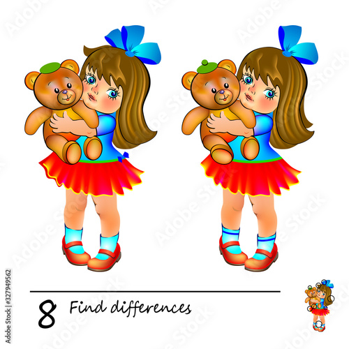 Find 8 differences. Logic puzzle game for children and adults. Printable page for kids brain teaser book. Illustration of cute little girl holding teddy bear. Developing counting skills. IQ test.