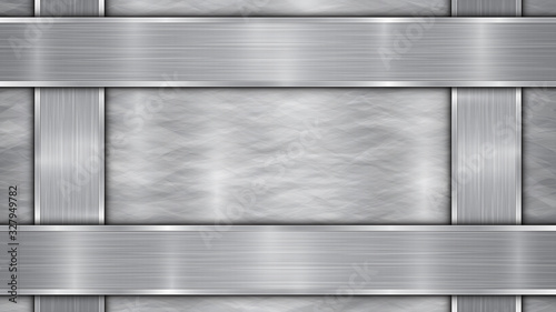 Background in silver and gray colors, consisting of a shiny metallic surface and vertical and horizontal polished plates located on four sides, with a metal texture, glares and burnished edges