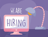 We are hiring message with desk lamp and computer vector design