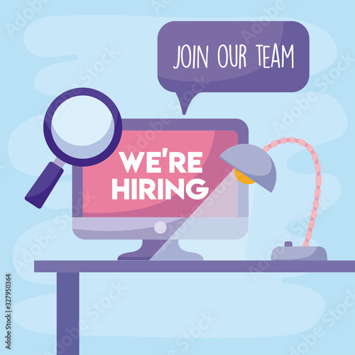 We are hiring message with computer lupe and desk lamp vector design