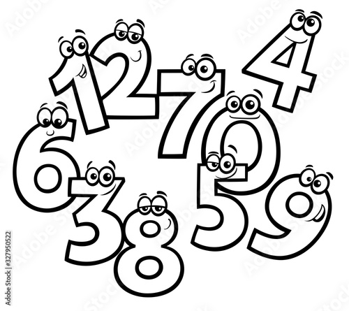 basic numbers cartoon characters color book page