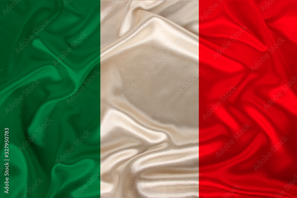 photo of the national flag of Italy on a luxurious texture of satin, silk with waves, folds and highlights, close-up, copy space, concept of travel, economy and state policy, illustration