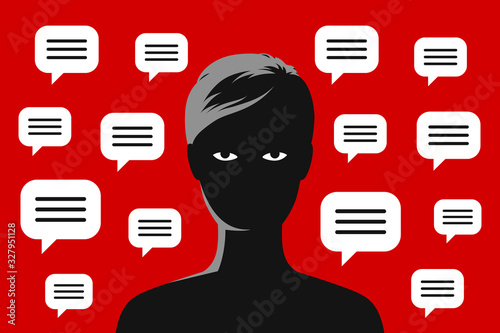 Woman silhouette with tired eyes, and many message clouds are around