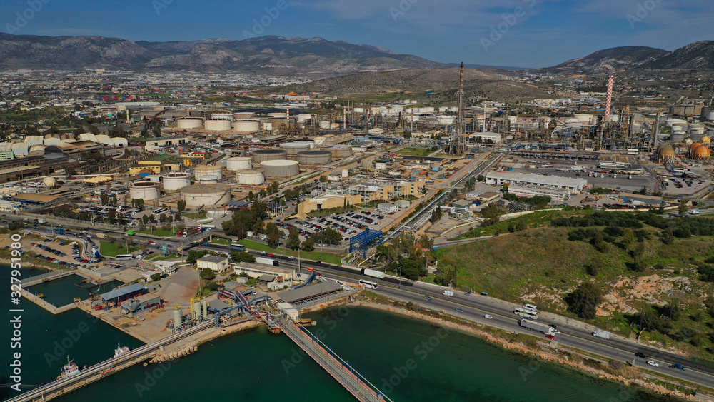 Aerial drone photo of industrial oil refinery of Aspropirgos, Attica, Greece