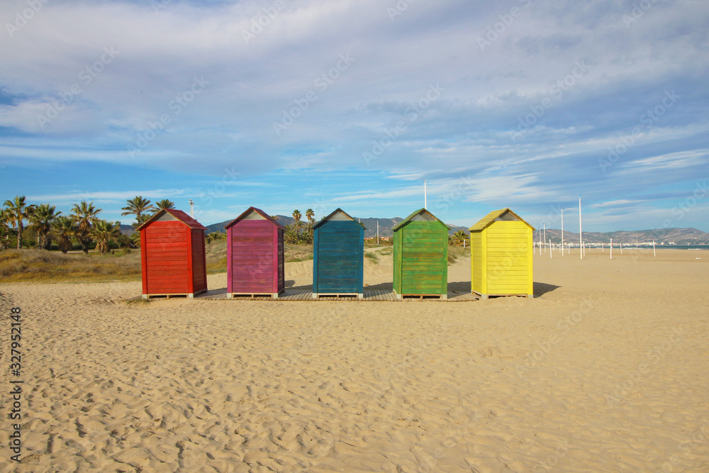 Casetas de colores en la playa Stock Photo Adobe Stock