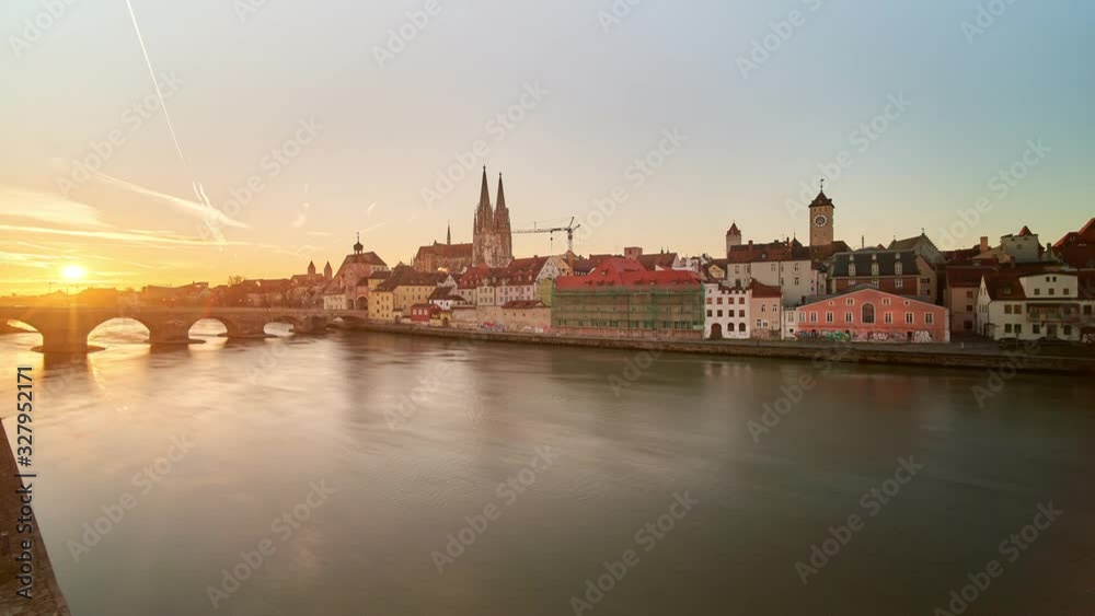 Time lapse panorama of Regensburg from side of Danube river, Bavaria, Germany Time lapse panorama of Regensburg from side of Danube river, Bavaria, Germany