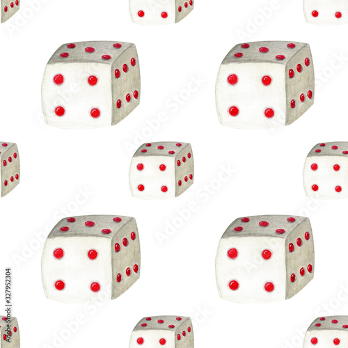 Seamless pattern with white dices on white background. Watercolor hand drawn illustrations