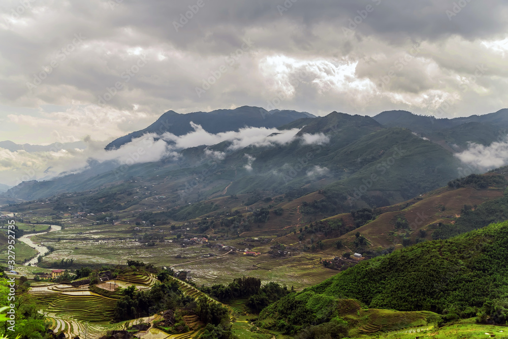 Landscape view Rural houses mountain green grass Landscape view Rural houses mountain green grass