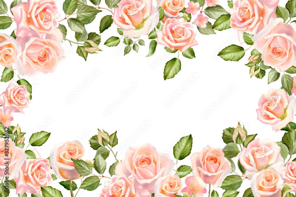 Watercolor tender background with blush roses, leaves and buds isolated on a white . The trendy elegant design for wedding invitation, poster, greeting cards and web design.