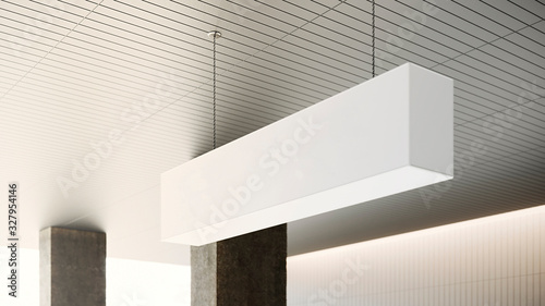 Empty white signage mockup hanging from ceiling. Blank ceiling direction sign. Horizontal rectangular blank billboard at business center, public commercial, ready for new advertisement. 3D render