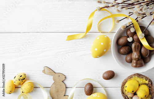 Photography easter eggs and flowers, copy space for text