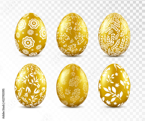 Gold easter egg with floral pattern isolated on transparent background. Vector illustration.