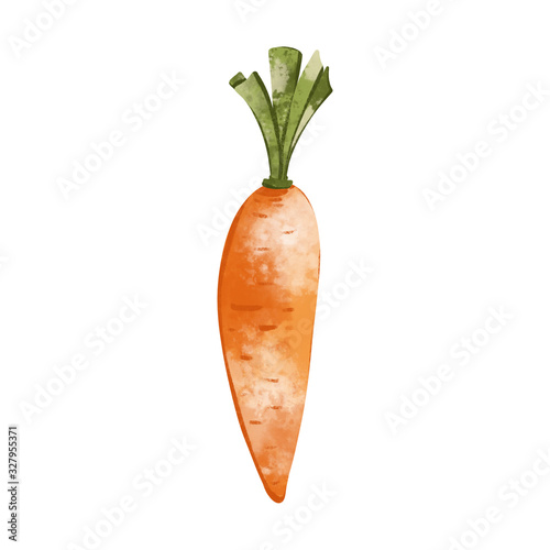 Bright juicy orange carrot with a green tail. Cute textural digital art. Print for cards, banners, posters, books, restaurants, web, textiles, wrapping paper.