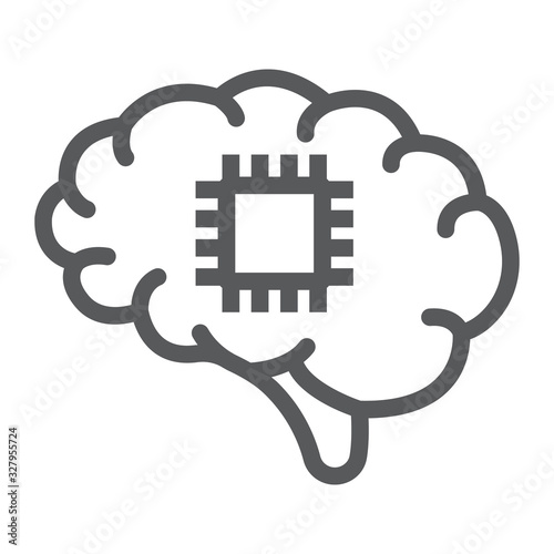 Brain with chip line icon, technology and brain, neurochip sign, vector graphics, a linear pattern on a white background, eps 10.