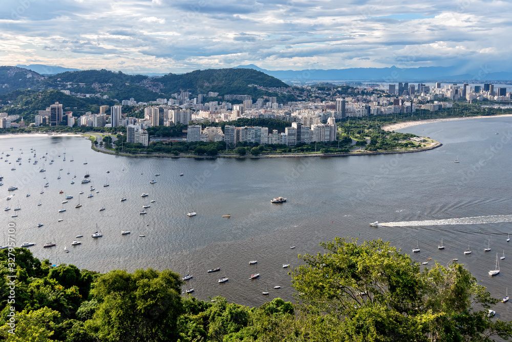 Naklejka premium Sailboats dock in Botafogo and Flamengo beach, Rio de Janeiro, Brasil