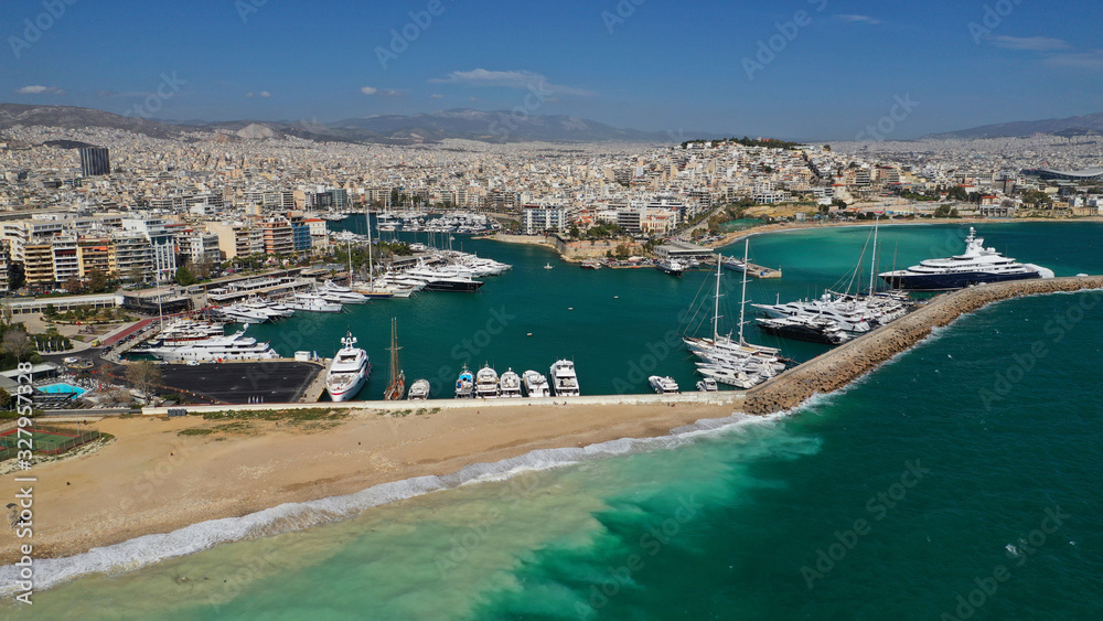 Aerial drone photo of famous area of Zea or Passalimani near main port of Piraeus, Attica, Greece