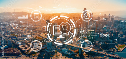 Obraz na plátně Document management system concept with downtown San Francisco skyline buildings
