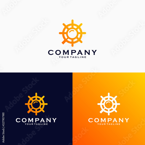 Ship's wheel logo template combined with magnifying glass logo design emblem vector illustration logo template