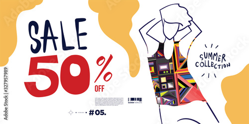 Vector illustration colourful women fashion summer sales banner discount 50% off. Summer design fashion collection. 
