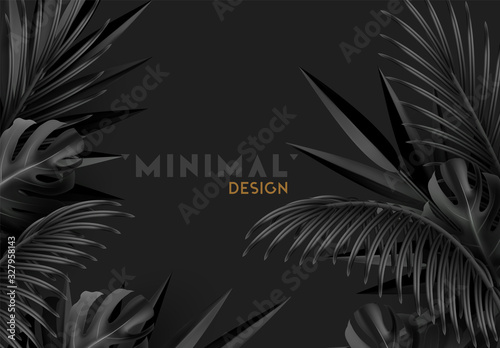 Tropical background with palm leaves in black color realistic 3d. Modern Minimal Design. vector illustration