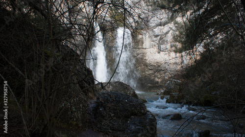 waterfall hidden among trees
