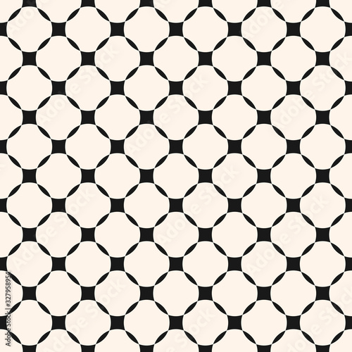 Vector geometric grid seamless pattern. Abstract monochrome geometrical texture with diagonal square mesh  rounded shapes. Black and white graphic ornament  repeat tiles. Design for decor  prints