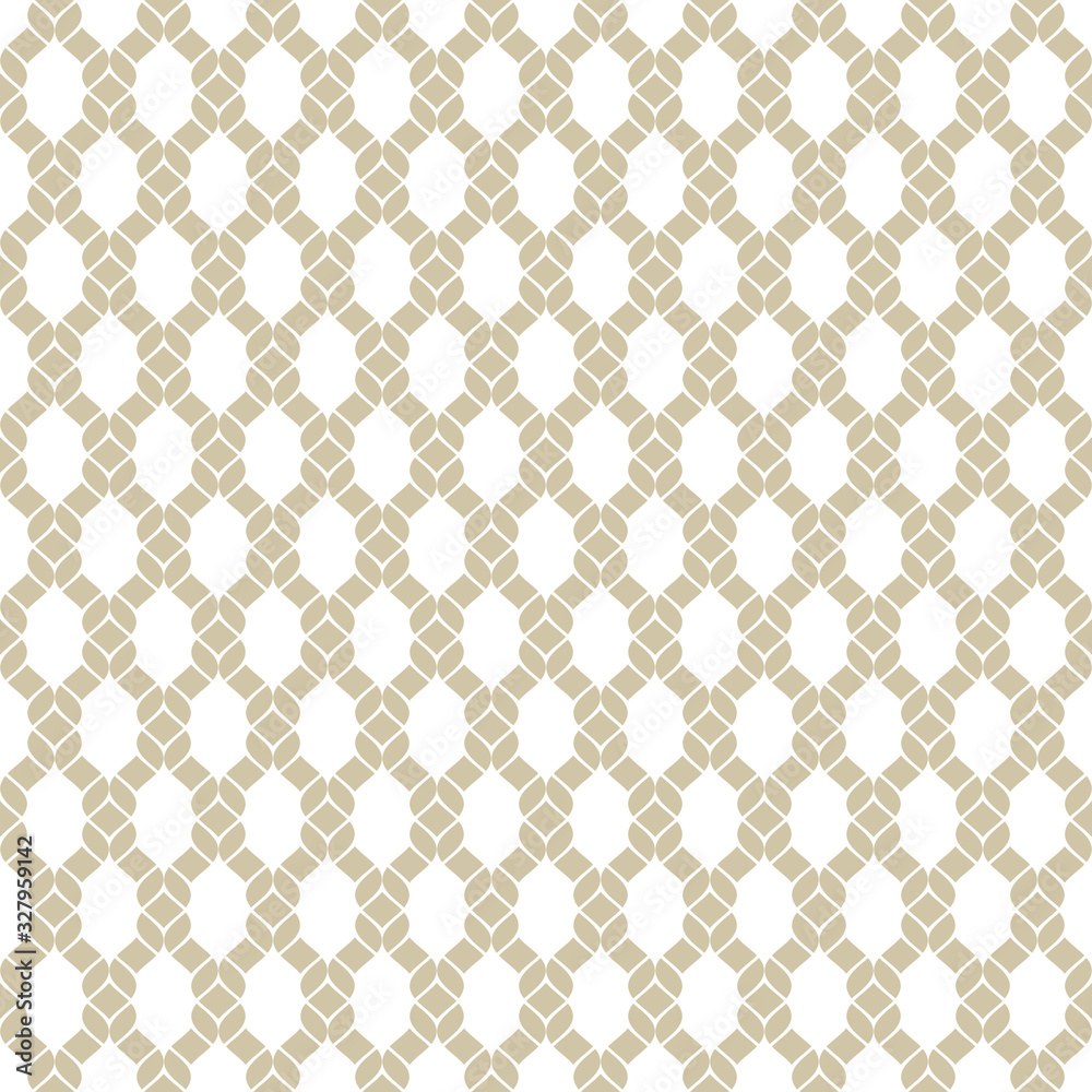 Vector golden mesh pattern. Simple abstract gold and white geometric seamless background. Nautical texture with fishnet, ropes, knitting, thread, grid, lattice, fabric, net. Repeatable design element