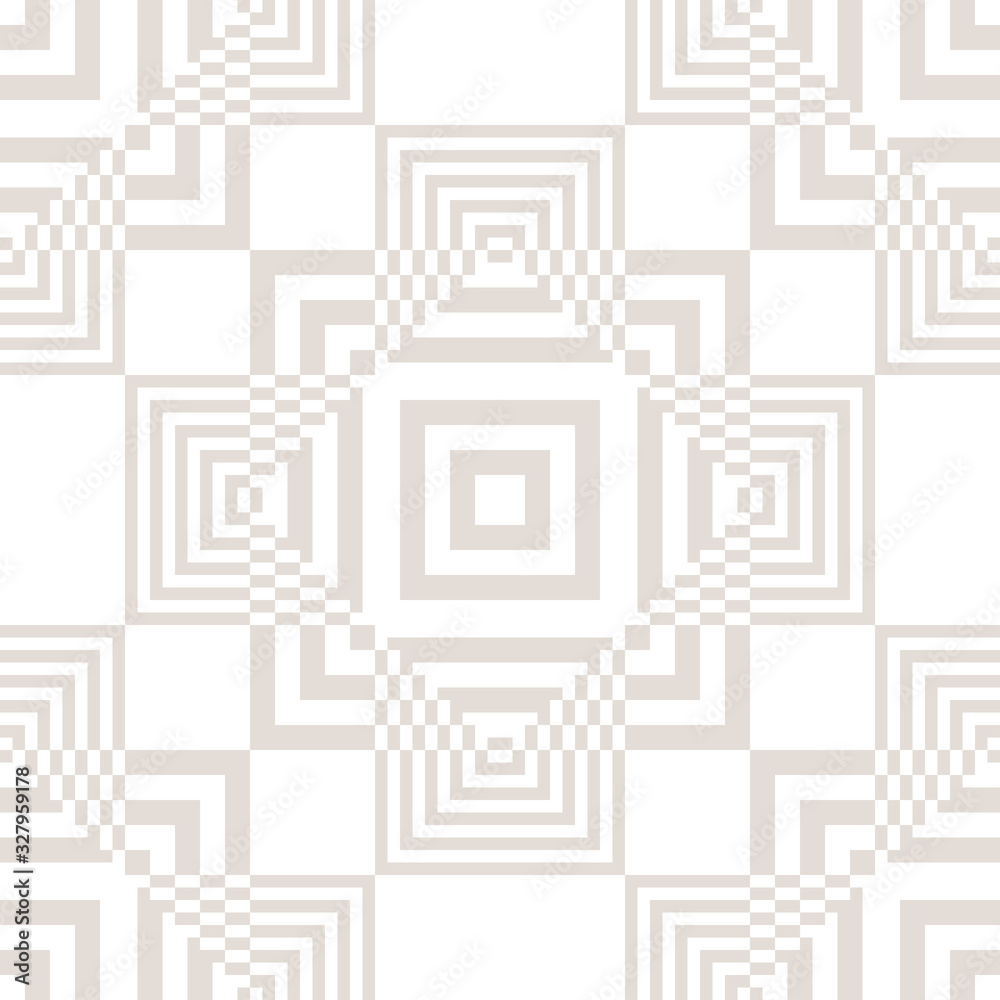 Subtle vector geometric seamless pattern with intersecting squares, lines. Optical illusion, pixel art. Abstract white and beige checkered texture. Modern stylish background. Repeat design element