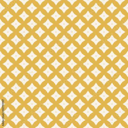 Golden vector geometric pattern. Abstract seamless background with rhombuses, diamond shapes, grid, lattice, stars, repeat tiles. Retro vintage texture in yellow and beige colors. Decorative design