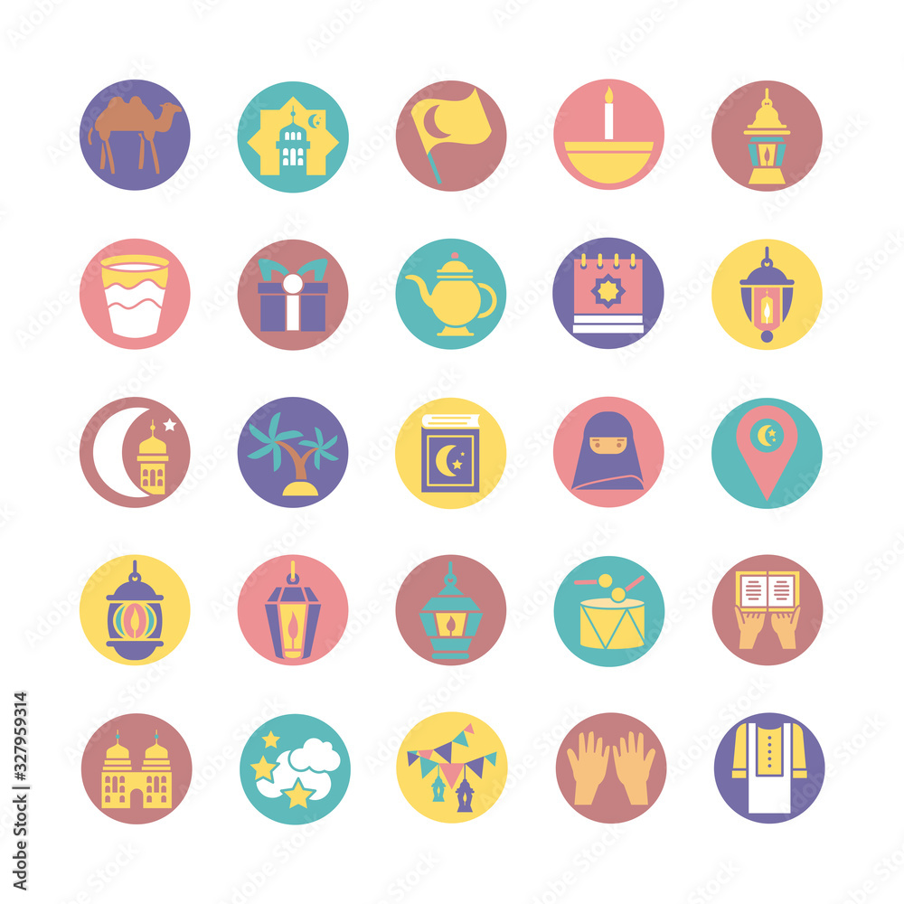 forbidden symbols and ramadan icons set, block style forbidden symbols and ramadan icons set, block style