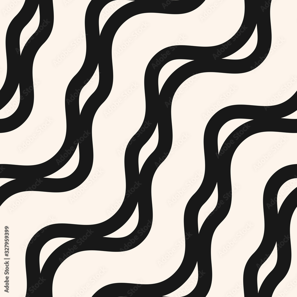 Naklejka Vector wavy lines seamless pattern. Abstract monochrome texture with diagonal waves, stripes, curved shapes. Illustration of ripple surface. Simple black and white background. Modern repeat design