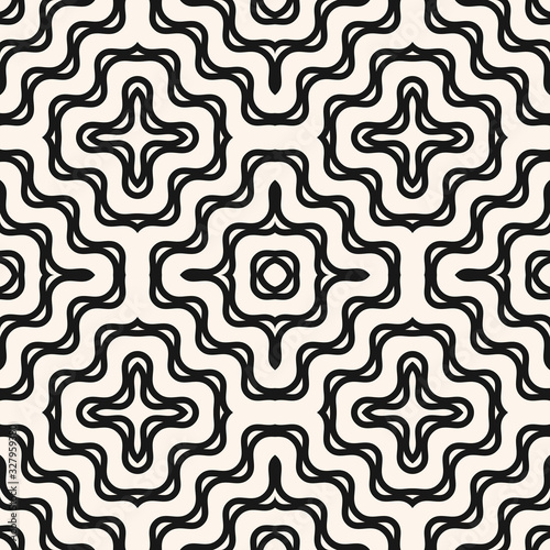 Vector wavy seamless pattern. Abstract monochrome texture with concentric waves, curved lines, ropes, crosses. Simple black and white background. Stylish modern repeat design for decor, fabric, print